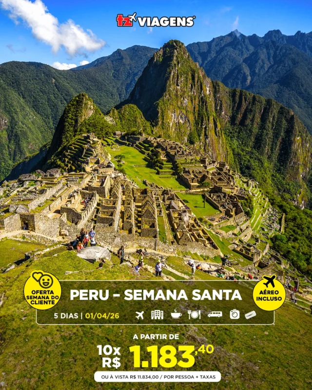 O encanto do Peru em dias que unem fé, história e paisagens únicas. 🤲

Aproveite a oferta desse pacote “Peru – Semana Santa”:
✅ Saída de São Paulo (GRU): 01/04/26;
✅ 04 noites de hospedagem;
✅ Café da manhã;
✅ 02 almoços;
✅ 01 jantar;
✅ Transfers in e out;
✅ Passeios;
✅ Bilhetes de trem ida e volta na categoria Vistadome a Águas Calientes;
✅ Visitando: Valle Sagrado, Águas Calientes, Machu Picchu + Cusco.

Rituais, cores e sabores que transformam cada momento desse roteiro. 📞 Fale com nossos consultores e viva a magia dos Andes!

⚠️ Condições gerais: Valor por pessoa em apto. duplo, sujeito a alteração sem aviso prévio e válido para a data mencionada. Parte aérea saindo de São Paulo/GRU em classe econômica e taxas não inclusas. Lugares sujeitos a disponibilidade no ato da reserva. Valores calculados em 15/09/25 ao câmbio Dólar 1=R$ 5,45. Consulte formas de pagamento. Reservamo-nos o direito de corrigir eventuais erros de publicação deste material.

#tzviagens @tzviagens #agenciadeviagens #turismo #viagem #peru #semanasanta