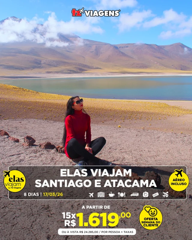 Duas jornadas feitas sob medida para as aventureiras! 🙆🏻‍♀️

Aproveite a oferta do pacote “Elas Viajam – Santiago e Atacama”:
✅ Saída de São Paulo (GRU): 17/03/26;
✅ 02 noites de hospedagem em Santiago;
✅ 05 noites de hospedagem em San Pedro de Atacama;
✅ Café da manhã diário;
✅ Traslados e passeios em privativo;
✅ Tour panorâmico pela cidade de Santiago;
✅ Ingresso & Coquetel de boas-vindas no Sky Costanera;
✅ Women Wine Tour na vinícola Casas del Bosque;
✅ Tour Astronômico;
✅ Passeios: Valle Arco-íris, Vale da Lua e Mirador de Cari, Lago Cejar e Olhos de Salar, Lagoas Altiplanicas, Piedras Rojas e Salar;
✅ Jantar no Restaurante Adobe, em San Pedro de Atacama;
✅ Fotógrafo profissional - 1 (um) dia;
✅ Seguro Viagem 30K;
✅ Representante Elas Viajam (acompanhando o grupo durante toda a viagem);
✅ Special Gift Elas Viajam.

Um grupo especial com comodidades, experiências fabulosas e mimos exclusivos. Vai perder essa? 📞 Garanta já a sua vaga!

⚠️ Condições gerais: Valor por pessoa em apto. duplo, sujeito a alteração sem aviso prévio e válido para a data mencionada. Parte aérea saindo de São Paulo/GRU em classe econômica e taxas não inclusas. Lugares sujeitos a disponibilidade no ato da reserva. Valores calculados em 01/09/25 ao câmbio Dólar 1=R$ 5,57. Parcelamento em 15 vezes no cartão de crédito e válido para compras até 30/09/25. Consulte outras formas de parcelamento. Reservamo-nos o direito de corrigir eventuais erros de publicação deste material.

#tzviagens @tzviagens #agenciadeviagens #turismo #viagem #elasviajam #santiago #atacama #chile